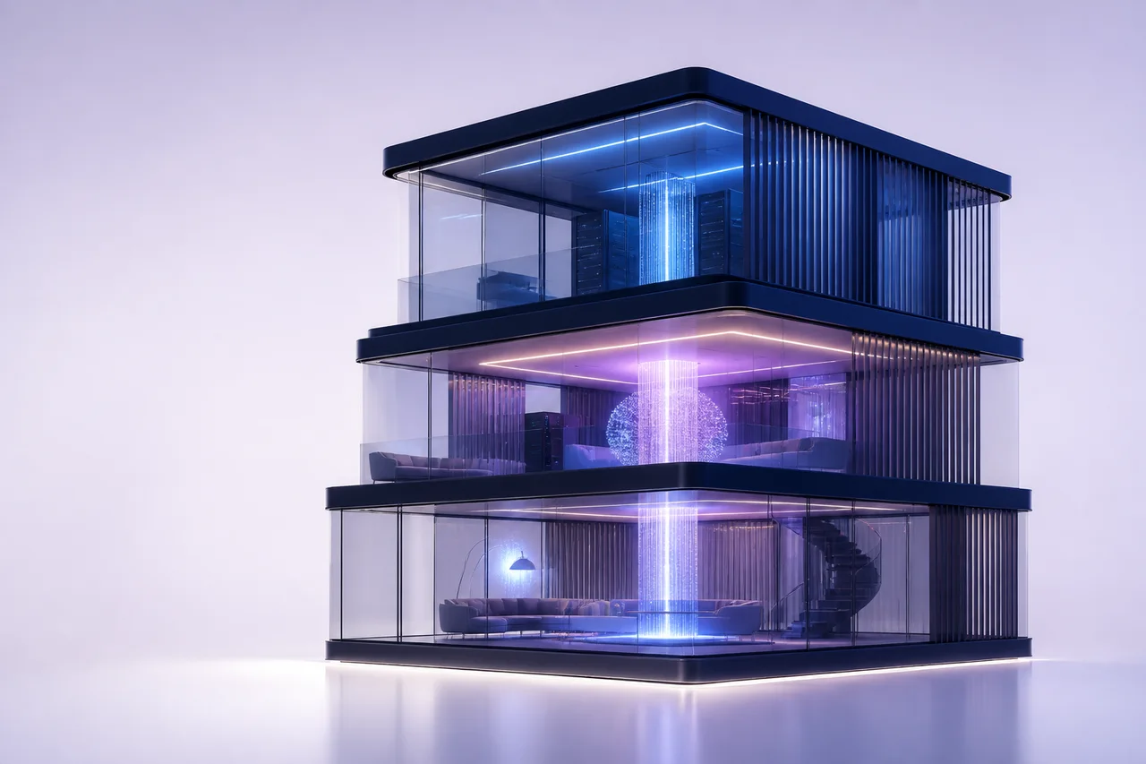 A three-level glass technology pavilion representing the AgentsStack marketplace